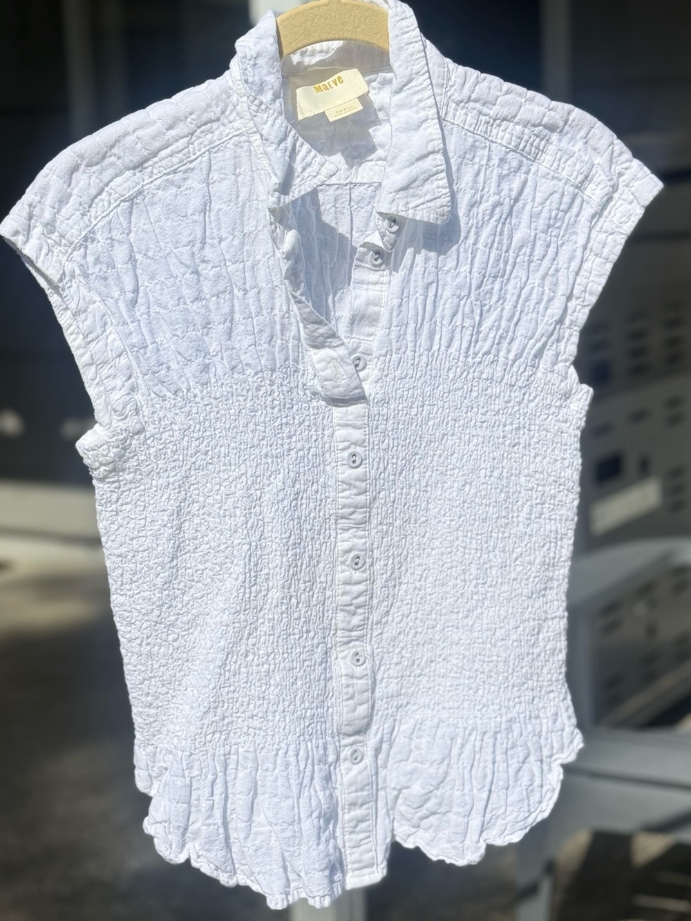 Maeve Anthropologie White Smocked Button Front Ruffle Blouse Top Small